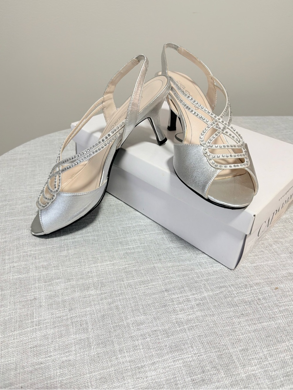 Caparros Silver Satin Open-Toe Slingback Heels with Rhinestone Straps